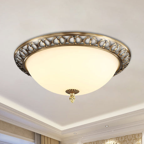 Antique Style Brass Finish 2-Head Ceiling Mount Light With Frosted Glass Dome - 13/15/19.5 Wide
