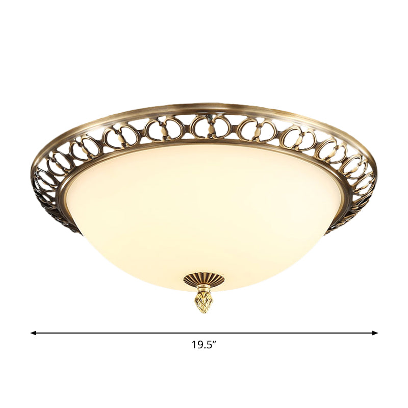 Antique Style Brass Finish 2-Head Ceiling Mount Light With Frosted Glass Dome - 13/15/19.5 Wide
