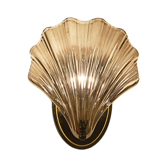 Scalloped Shell Wall Lamp In Country Style - Black/Gold Ribbed Glass Sconce Lighting