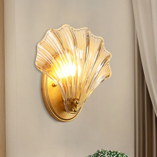Scalloped Shell Wall Lamp In Country Style - Black/Gold Ribbed Glass Sconce Lighting