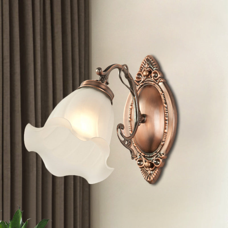 Frosted White Glass Ruffle Sconce Light - Traditional Corner Wall Mount In Bronze/Copper
