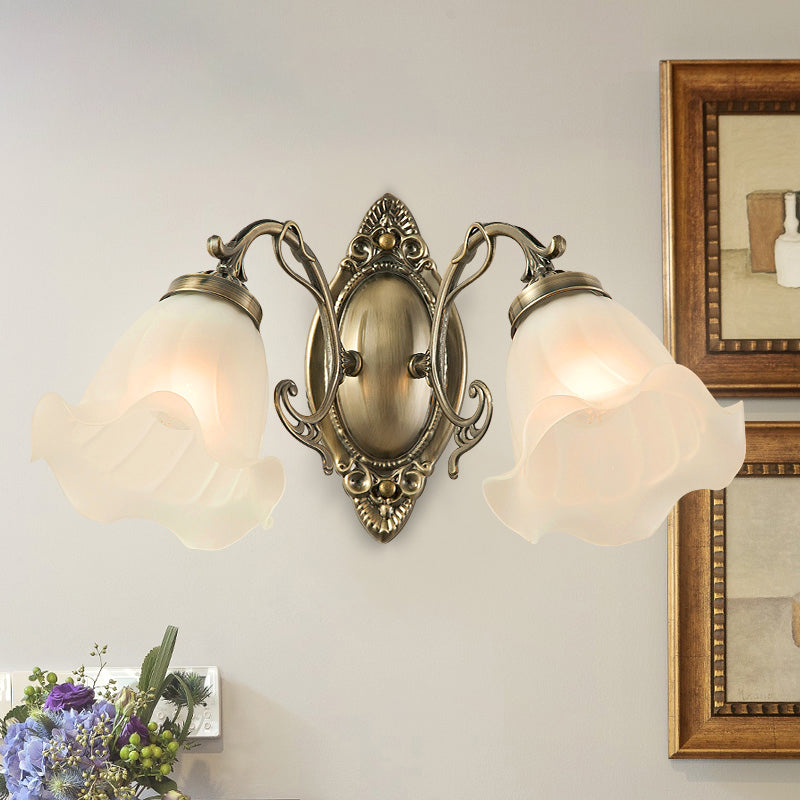 Frosted White Glass Ruffle Sconce Light - Traditional Corner Wall Mount In Bronze/Copper 2 / Bronze