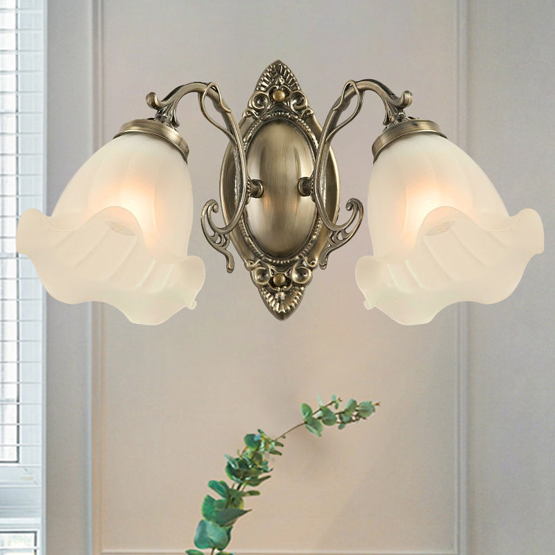 Frosted White Glass Ruffle Sconce Light - Traditional Corner Wall Mount In Bronze/Copper