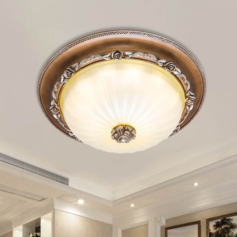Ribbed Glass Brown Flush Ceiling Light With Domed Shade - Led Farmhouse Flushmount Lamp