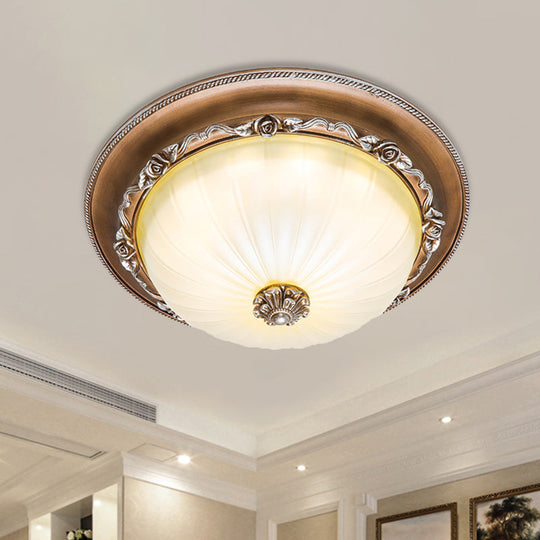 Ribbed Glass Brown Flush Ceiling Light With Domed Shade - Led Farmhouse Flushmount Lamp (14/16/19.5