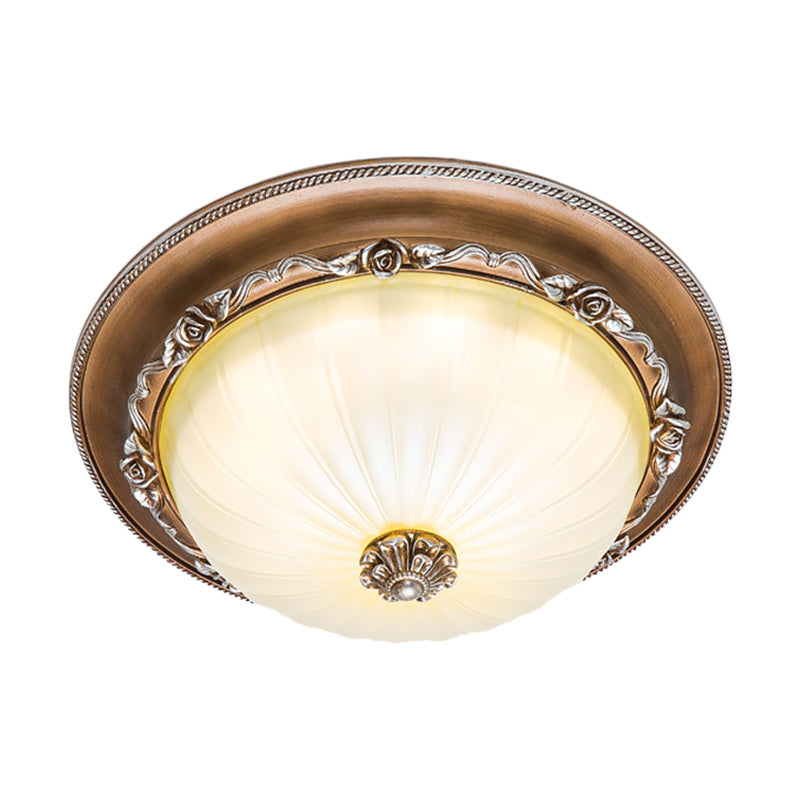 Ribbed Glass Brown Flush Ceiling Light With Domed Shade - Led Farmhouse Flushmount Lamp