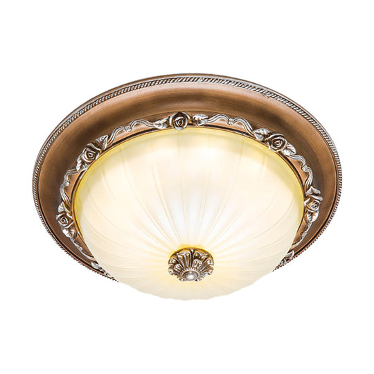 Ribbed Glass Brown Flush Ceiling Light With Domed Shade - Led Farmhouse Flushmount Lamp (14/16/19.5