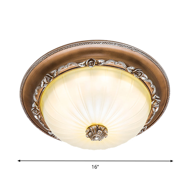 Ribbed Glass Brown Flush Ceiling Light With Domed Shade - Led Farmhouse Flushmount Lamp