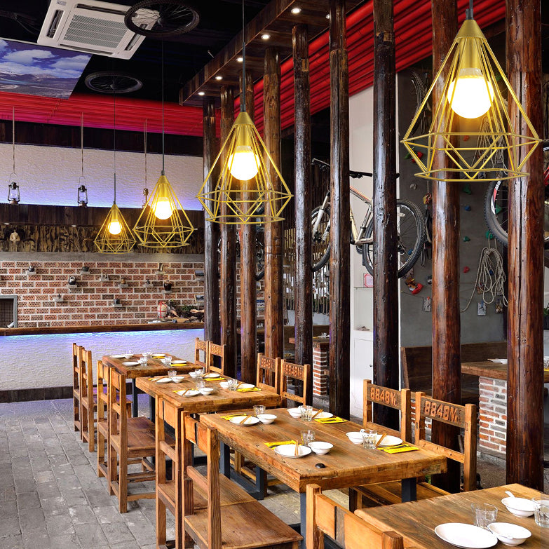 Diamond Wire Guard Pendant Light - Rustic Metal Hanging Lamp For Stair Cafe