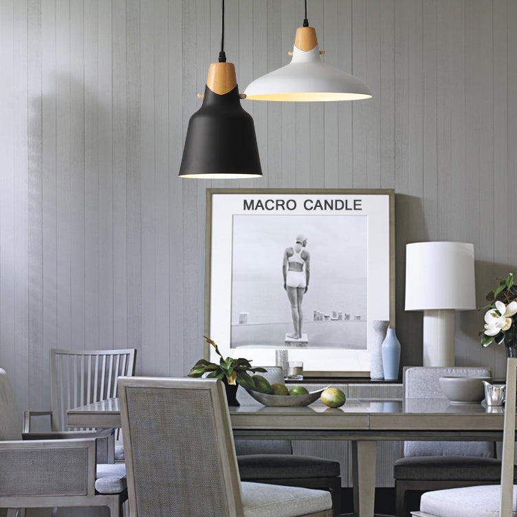 Modern Wooden Hanging Light With Metal Shade - Suspension Lighting For Dining Table