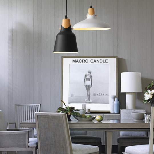Modern Wooden Hanging Light With Metal Shade - Suspension Lighting For Dining Table