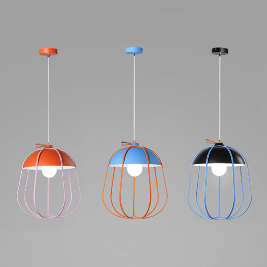 Nordic Metal Single Pendant Light In Black/Blue/Orange - Wire Guard Ceiling Hanging Lamp