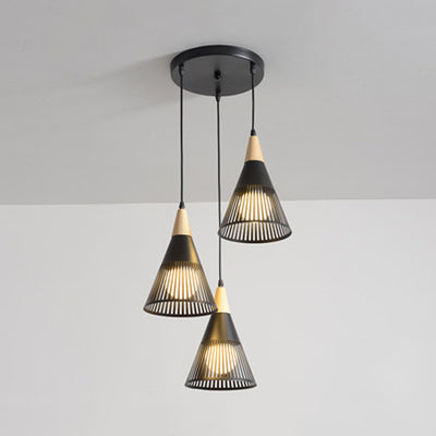 Wood Finish Pendant Light With Hollow Metal Cone Shade - Modern Hanging Lamp For Restaurants Black /