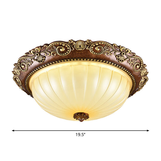 Ribbed Glass Ceiling Flush Foyer Led Mount Light In Brown - Traditional Bowl Design