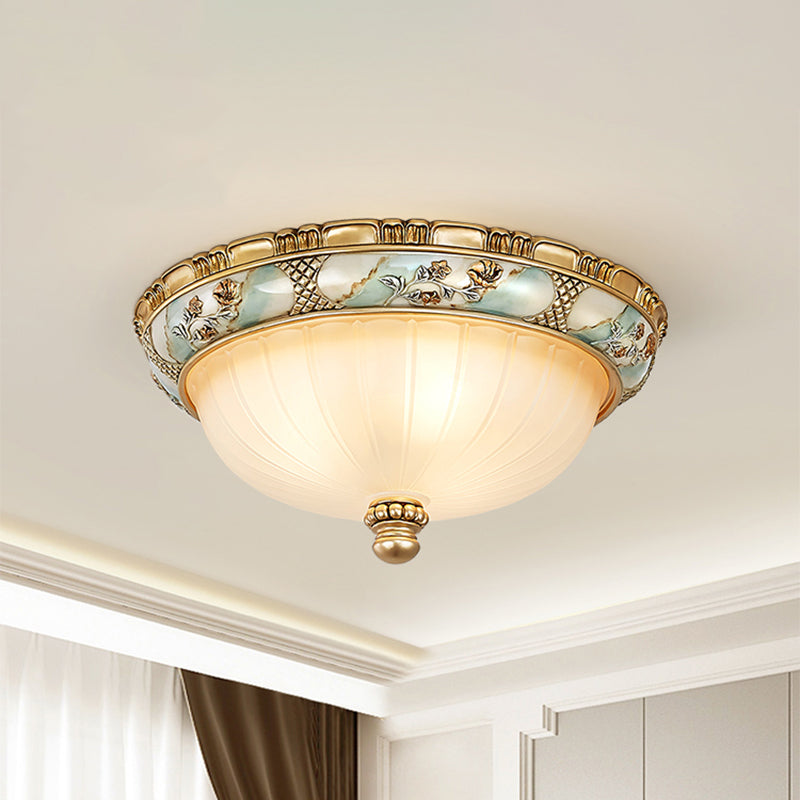 Amber Glass Flush Mount Ceiling Lamp - Traditional Dome Shade 3 Heads 15’/19’ Width Gold Finish
