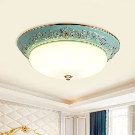Antiqued White Glass Led Flush Mount Light For Bedroom Oblong Shape With Yellow/Blue/Light Blue