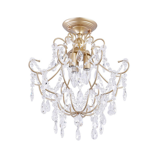 Contemporary Crystal 3 - Headed Gold Semi Flush Ceiling Light With Swooping Arms - Porch