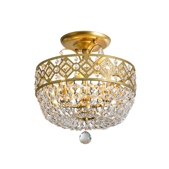 Contemporary Gold Light Fixture With Crystal Balls - 3 Heads Porch Semi - Flush Mount