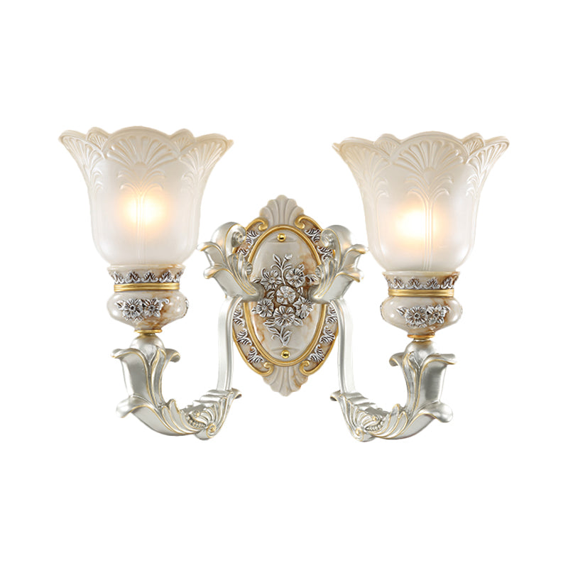 Vintage Floral Wall Lamp Kit With Frosted Glass Shade For Living Room Sconce Light In White-Gold