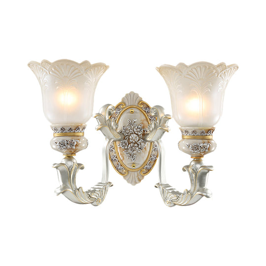 Vintage Floral Wall Lamp Kit With Frosted Glass Shade For Living Room Sconce Light In White-Gold