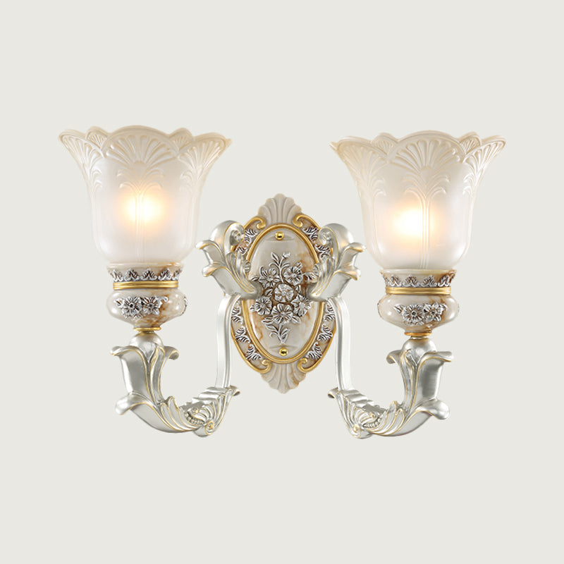 Vintage Floral Wall Lamp Kit With Frosted Glass Shade For Living Room Sconce Light In White-Gold