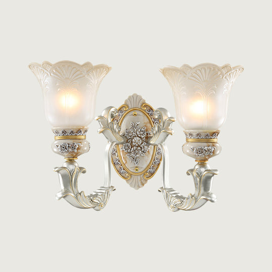Vintage Floral Wall Lamp Kit With Frosted Glass Shade For Living Room Sconce Light In White-Gold