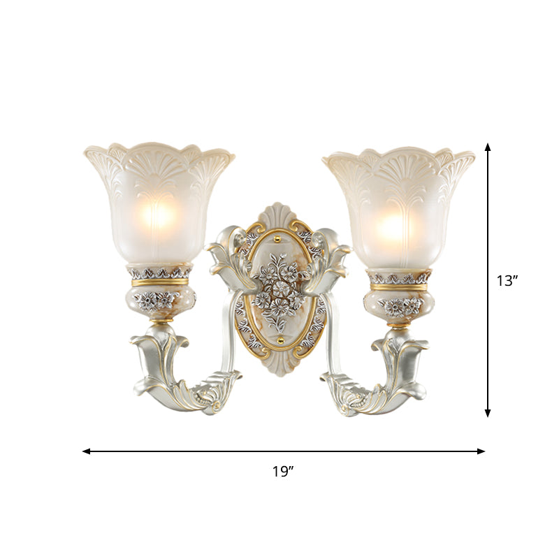 Vintage Floral Wall Lamp Kit With Frosted Glass Shade For Living Room Sconce Light In White-Gold