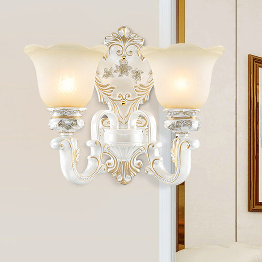Classic Scalloped-Trim Wall Light With Frosted Glass - White-Gold Finish 2 /