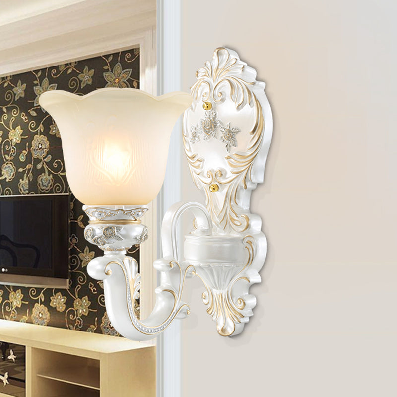 Classic Scalloped-Trim Wall Light With Frosted Glass - White-Gold Finish