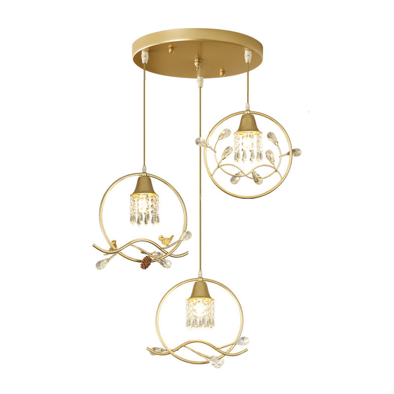 Modern Gold Crystal Pendant - 3 Bulb Cylindrical Dining Room Hanging Lamp Kit