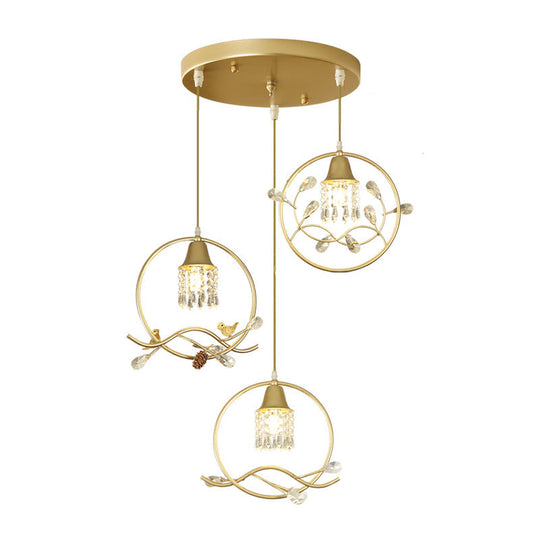 Modern Gold Crystal Pendant - 3 Bulb Cylindrical Dining Room Hanging Lamp Kit