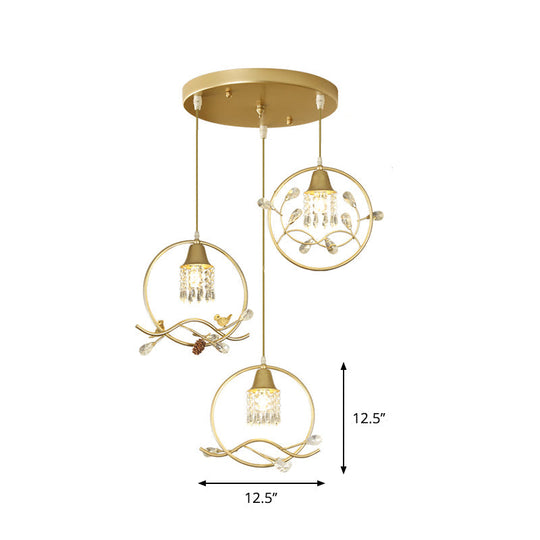 Modern Gold Crystal Pendant With 3 Bulbs - Elegant Dining Room Hanging Lamp