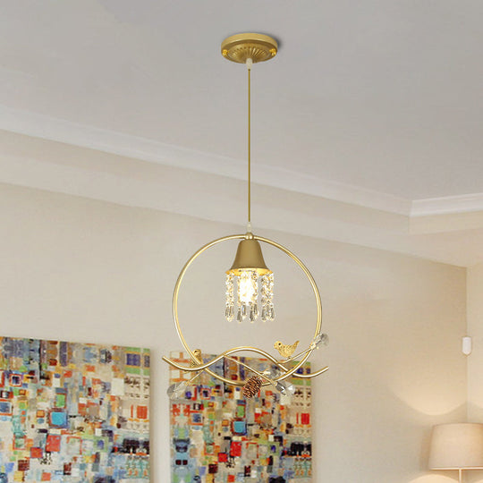 Modern Gold Bird And Flower Crystal Suspension Light With 1 Bulb /