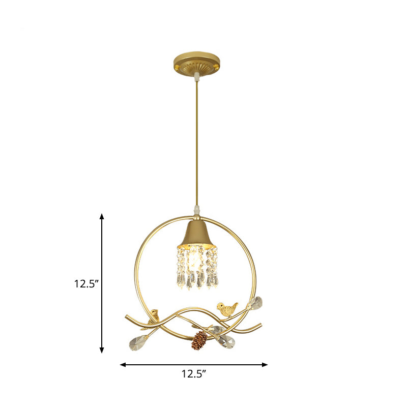 Modern Gold Bird And Flower Crystal Suspension Light With 1 Bulb