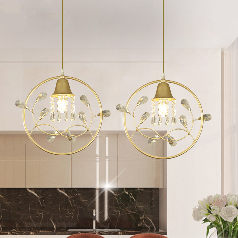 Modern Gold Bird And Flower Crystal Suspension Light With 1 Bulb