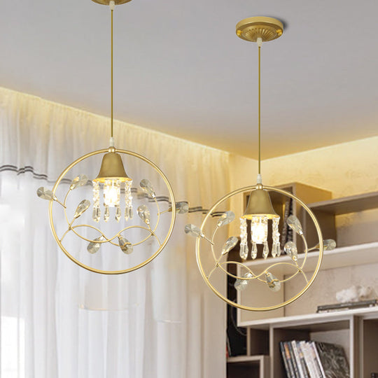Modern Gold Bird And Flower Crystal Suspension Light With 1 Bulb