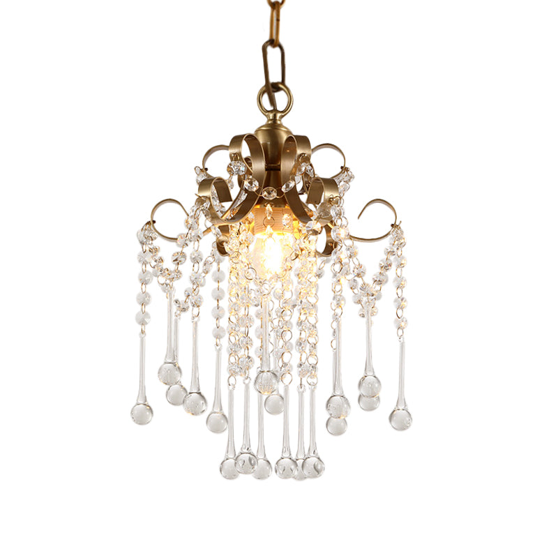 Modern Crystal Beads Pendant Ceiling Lamp - Gold Curved Design 1 Bulb Suspension For Bedchamber