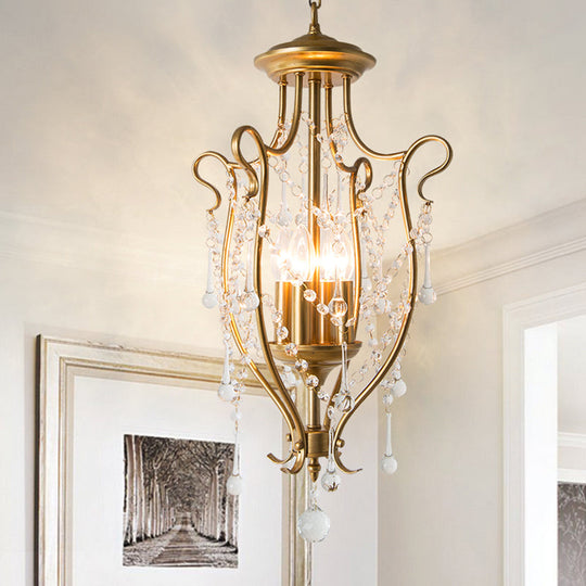 Swirled Iron Suspension Pendant With 4 Heads And Crystal Stands - Modern Brass Swag Lamp For Dining