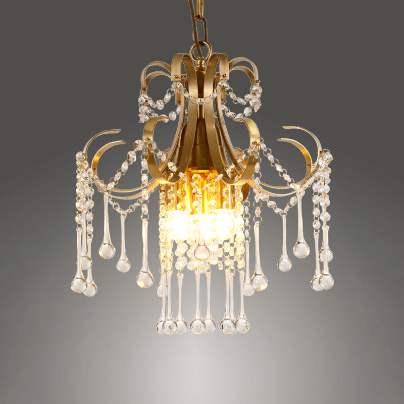 Gold Crystal Beads Chandelier With Curvy Arm Design - 3-Bulb Modern Ceiling Pendant Lamp For The