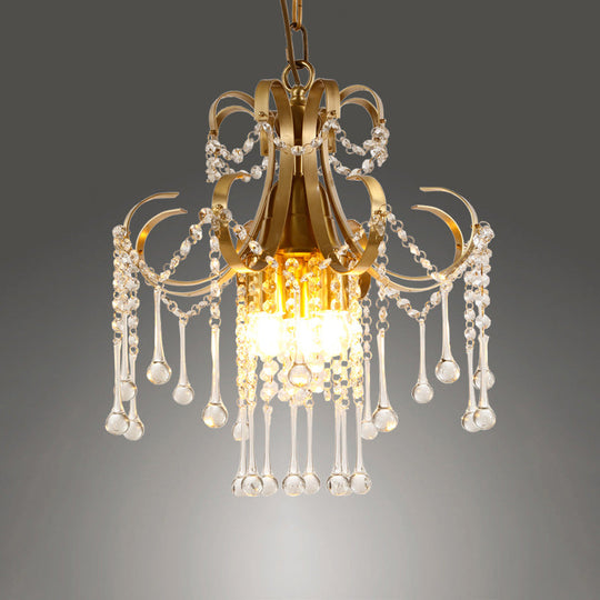 Gold Crystal Beads Chandelier With Curvy Arm Design - 3-Bulb Modern Ceiling Pendant Lamp For The