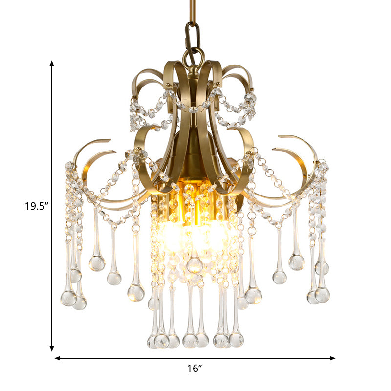 Gold Crystal Beads Chandelier With Curvy Arm Design - 3-Bulb Modern Ceiling Pendant Lamp For The