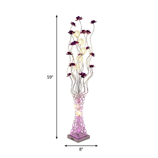 Metal Purple Floral Led Floor Reading Lamp With Hollowed Trapezoid Base - Standing Light Tree Branch