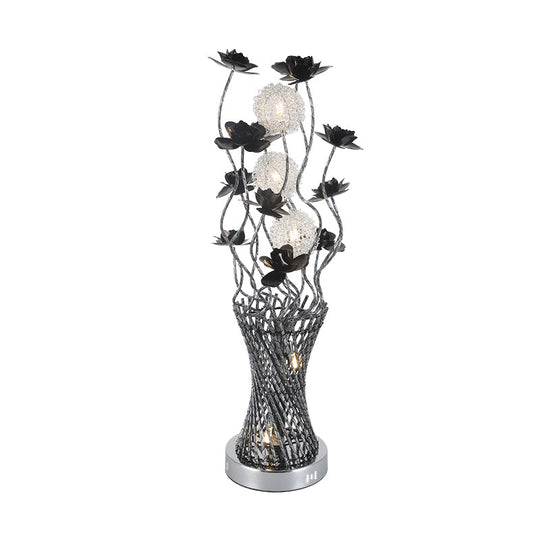 Martina - Cylinder Led Vine Night Light Art Decor Black-Silver Metal Table Lighting With Blossom