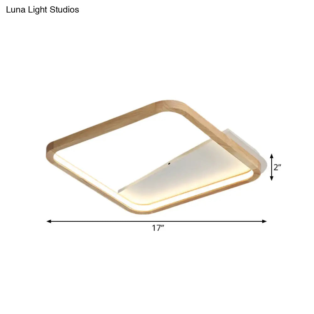 13/17 Wide Beige Flush Mount Led Ceiling Light With Wood Frame - Simple Bedroom Fixture