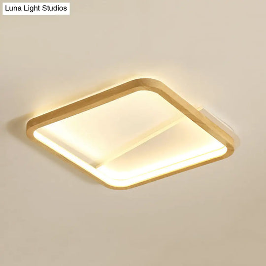 13/17 Wide Beige Flush Mount Led Ceiling Light With Wood Frame - Simple Bedroom Fixture
