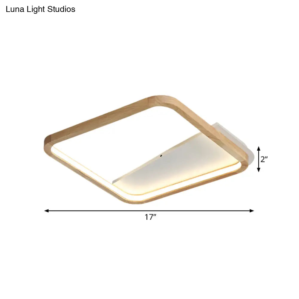13’/17’ Wide Beige Flush Mount Led Ceiling Light With Wood Frame - Simple Bedroom Fixture