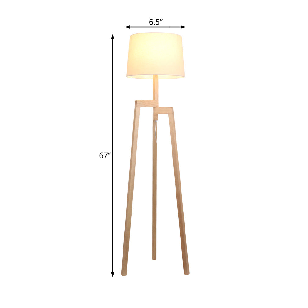 Modernistic White Reading Floor Lamp With Wooden Tripod - Elegant Fabric Standing Light