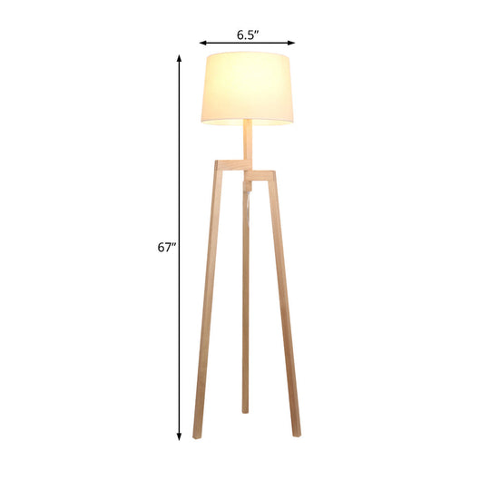 Modernistic White Reading Floor Lamp With Wooden Tripod - Elegant Fabric Standing Light