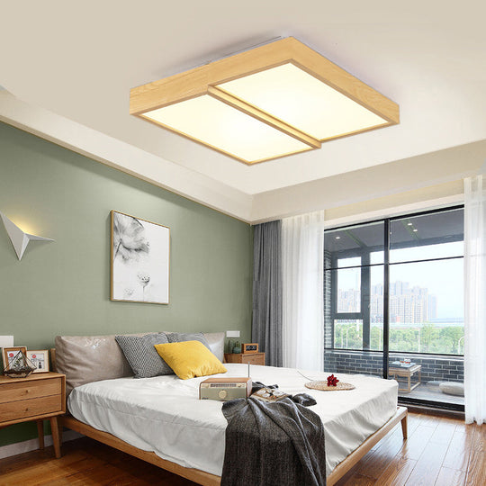 Modern Rectangular Wooden Flush Mount Ceiling Lamp - 2-Light Warm/White Option Wide Sizes Available