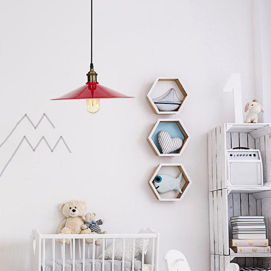 Vintage-Style Red Flared Shade Pendant Light For Bedroom Ceiling 1-Light Fixture With 12’/14’